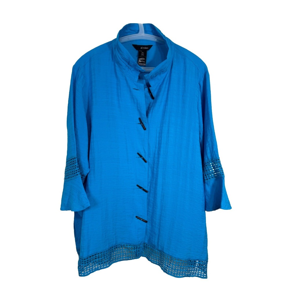 Ali Miles Wire Collar Tunic Size PXL Aqua Blue Artsy Lace Hem Boho Career Office